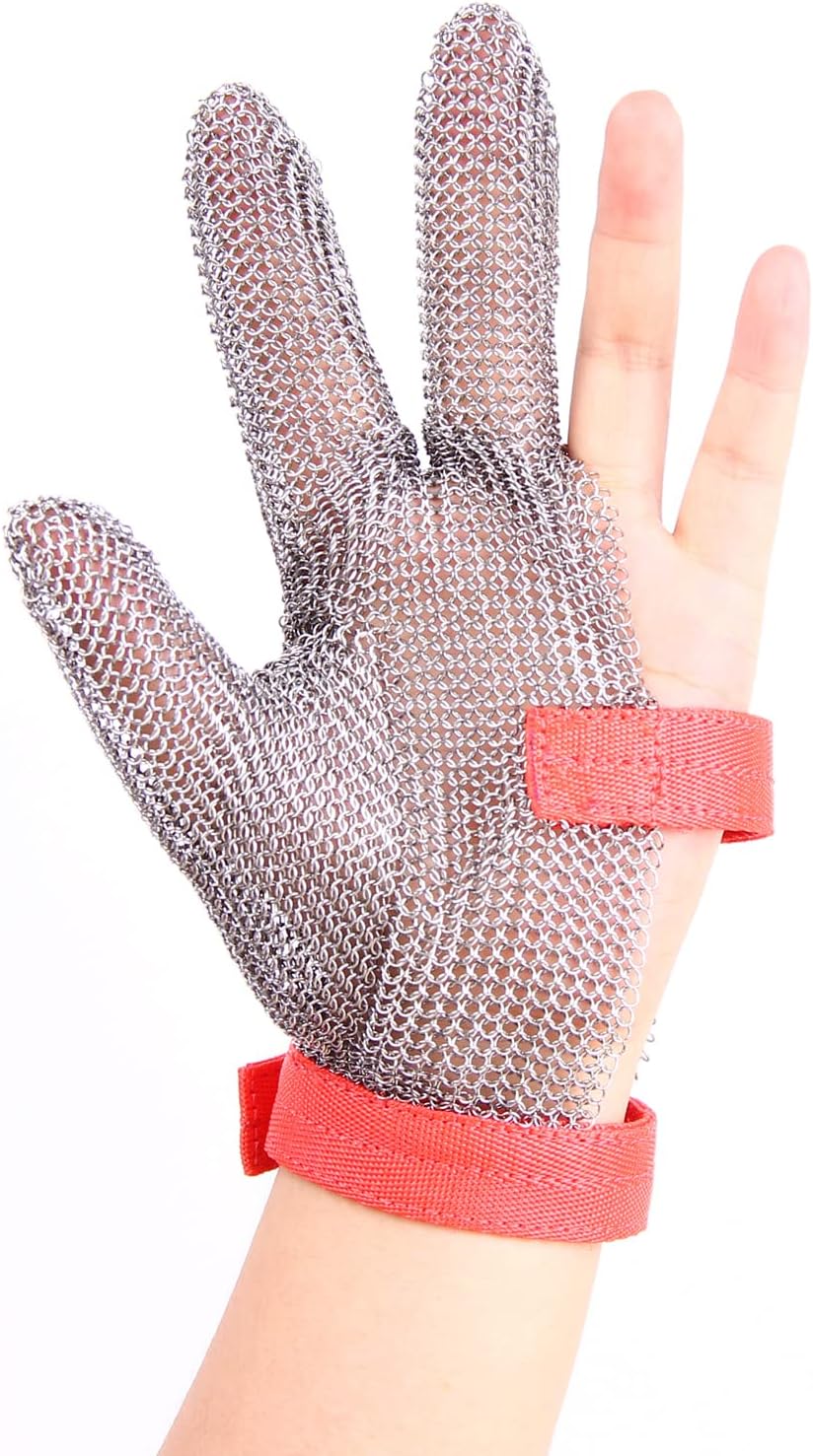3-Finger Chainmail Protective Glove, Stainless Steel Metal Cut Resistant Glove with Fabric Cuff, Safety Work Glove