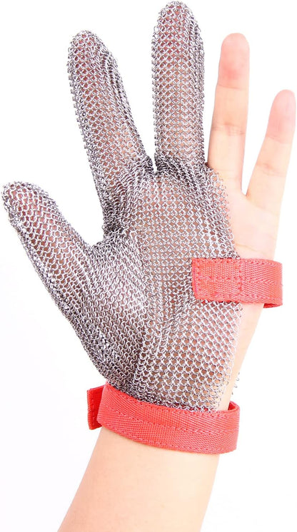 3-Finger Chainmail Protective Glove, Stainless Steel Metal Cut Resistant Glove with Fabric Cuff, Safety Work Glove