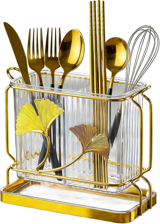 Kitchen Utensil Holder, Dry & Wet Separation, Utensil Caddy with Drain Tray, Kitchen Countertop Organizers and Storage, Utensil Crock for Forks, Spoons, Knives, Elegant Chopstick Holder