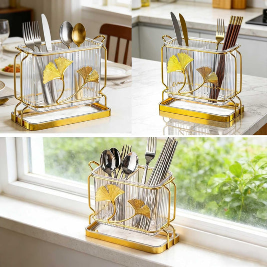 Kitchen Utensil Holder, Dry & Wet Separation, Utensil Caddy with Drain Tray, Kitchen Countertop Organizers and Storage, Utensil Crock for Forks, Spoons, Knives, Elegant Chopstick Holder