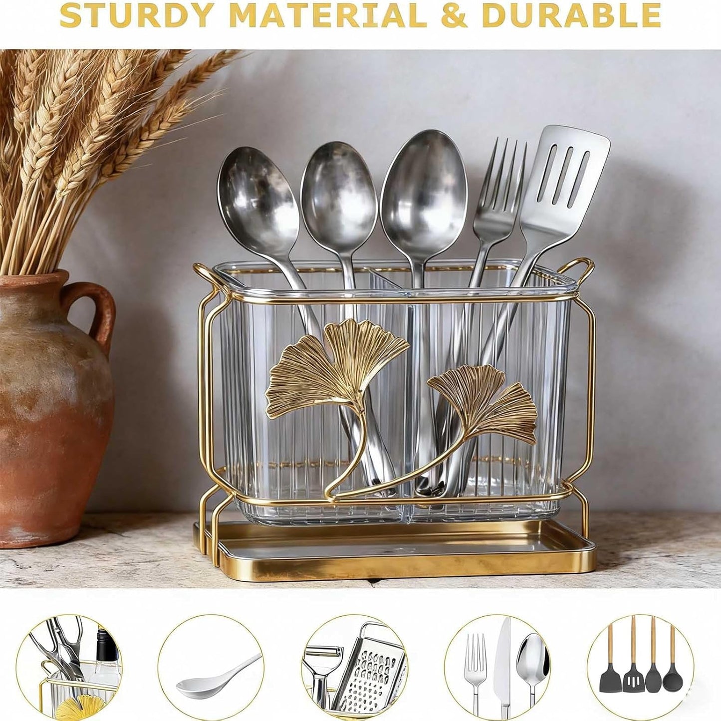 Kitchen Utensil Holder, Dry & Wet Separation, Utensil Caddy with Drain Tray, Kitchen Countertop Organizers and Storage, Utensil Crock for Forks, Spoons, Knives, Elegant Chopstick Holder