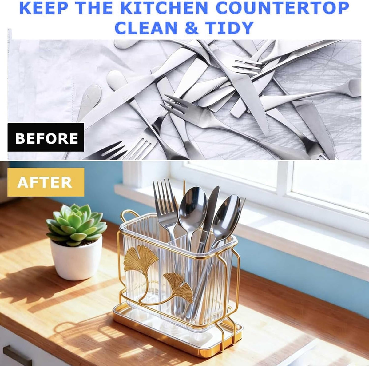 Kitchen Utensil Holder, Dry & Wet Separation, Utensil Caddy with Drain Tray, Kitchen Countertop Organizers and Storage, Utensil Crock for Forks, Spoons, Knives, Elegant Chopstick Holder