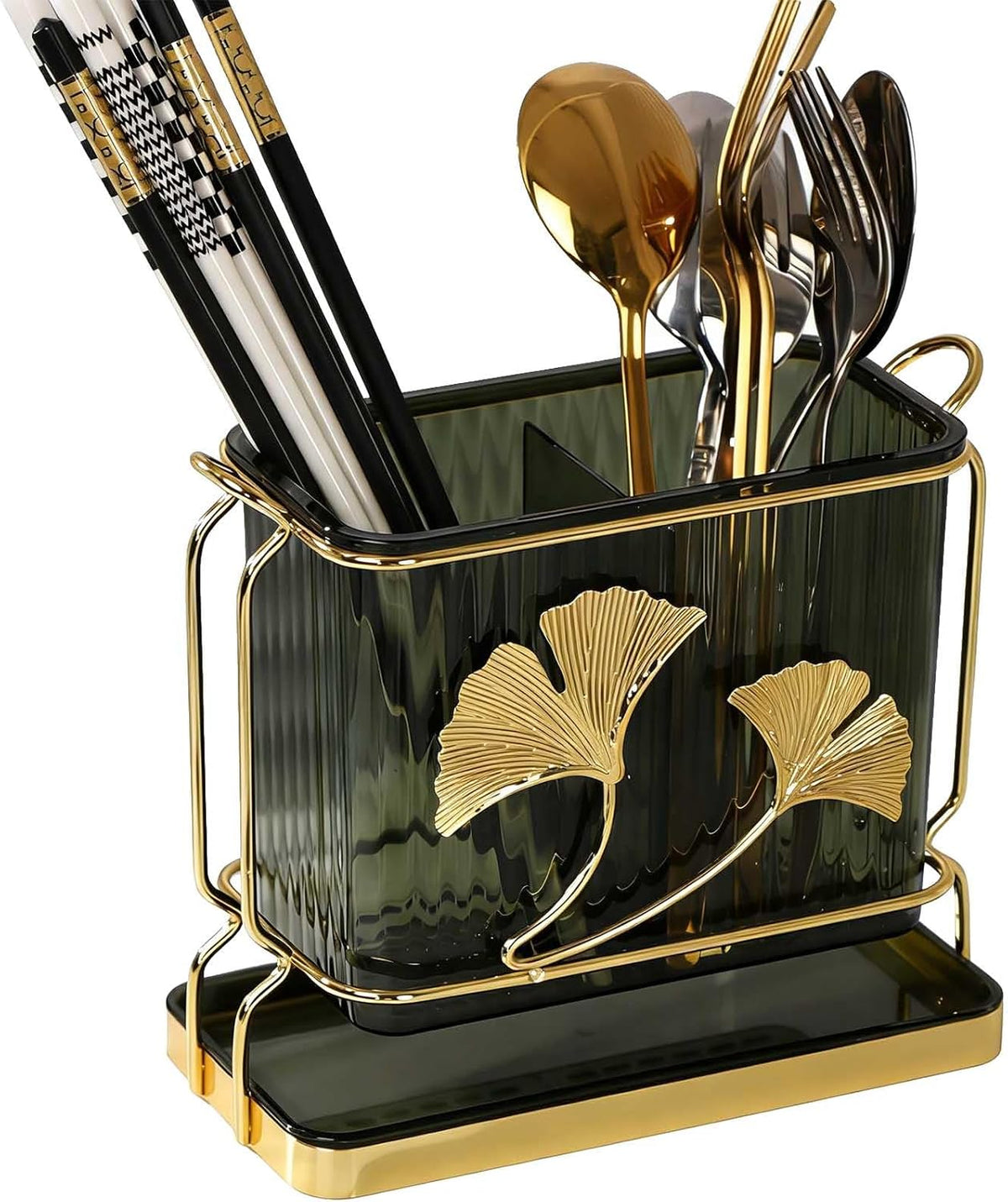 Kitchen Utensil Holder, Dry & Wet Separation, Utensil Caddy with Drain Tray, Kitchen Countertop Organizers and Storage, Utensil Crock for Forks, Spoons, Knives, Elegant Chopstick Holder