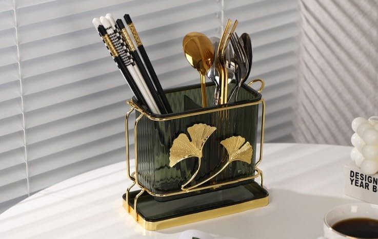 Kitchen Utensil Holder, Dry & Wet Separation, Utensil Caddy with Drain Tray, Kitchen Countertop Organizers and Storage, Utensil Crock for Forks, Spoons, Knives, Elegant Chopstick Holder