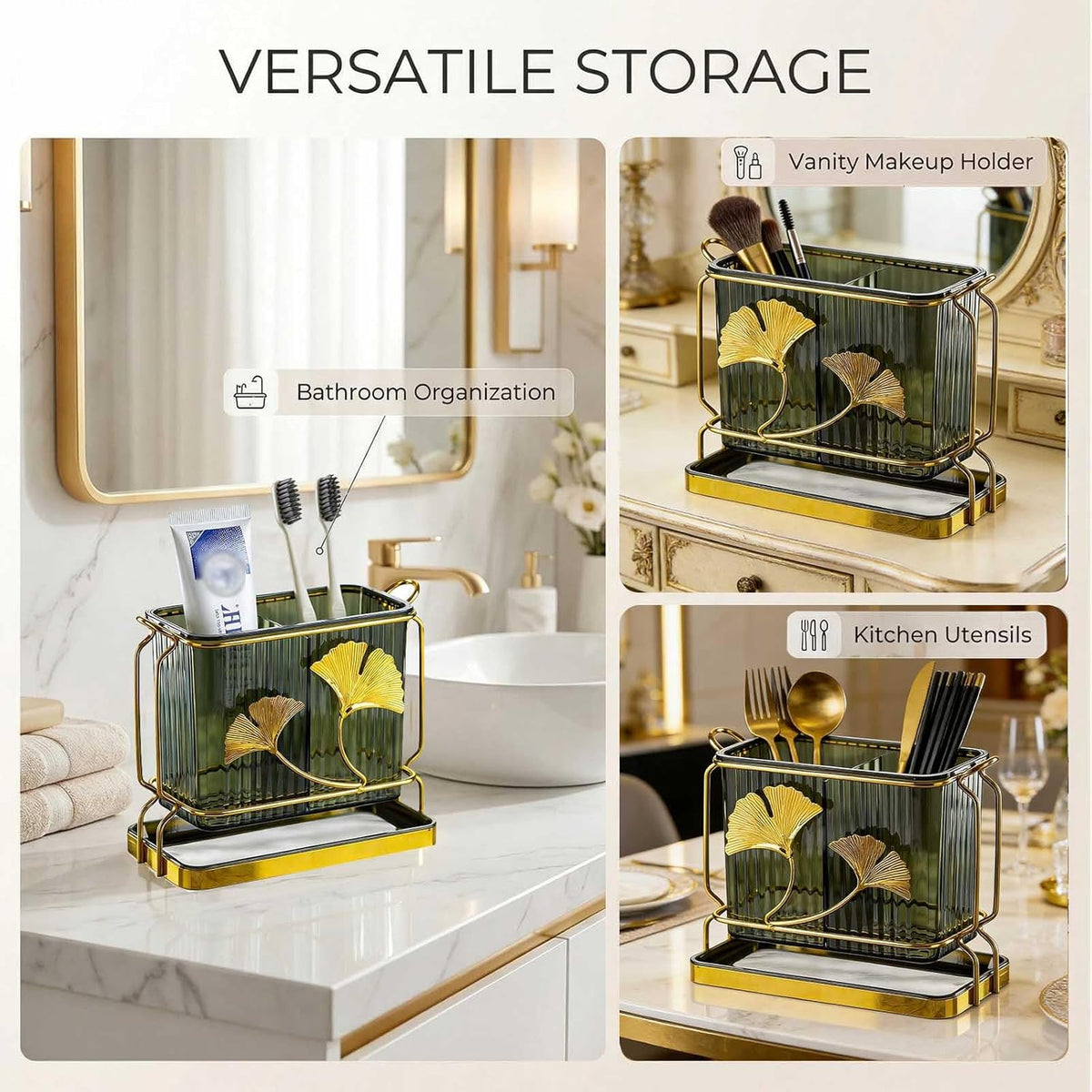 Kitchen Utensil Holder, Dry & Wet Separation, Utensil Caddy with Drain Tray, Kitchen Countertop Organizers and Storage, Utensil Crock for Forks, Spoons, Knives, Elegant Chopstick Holder
