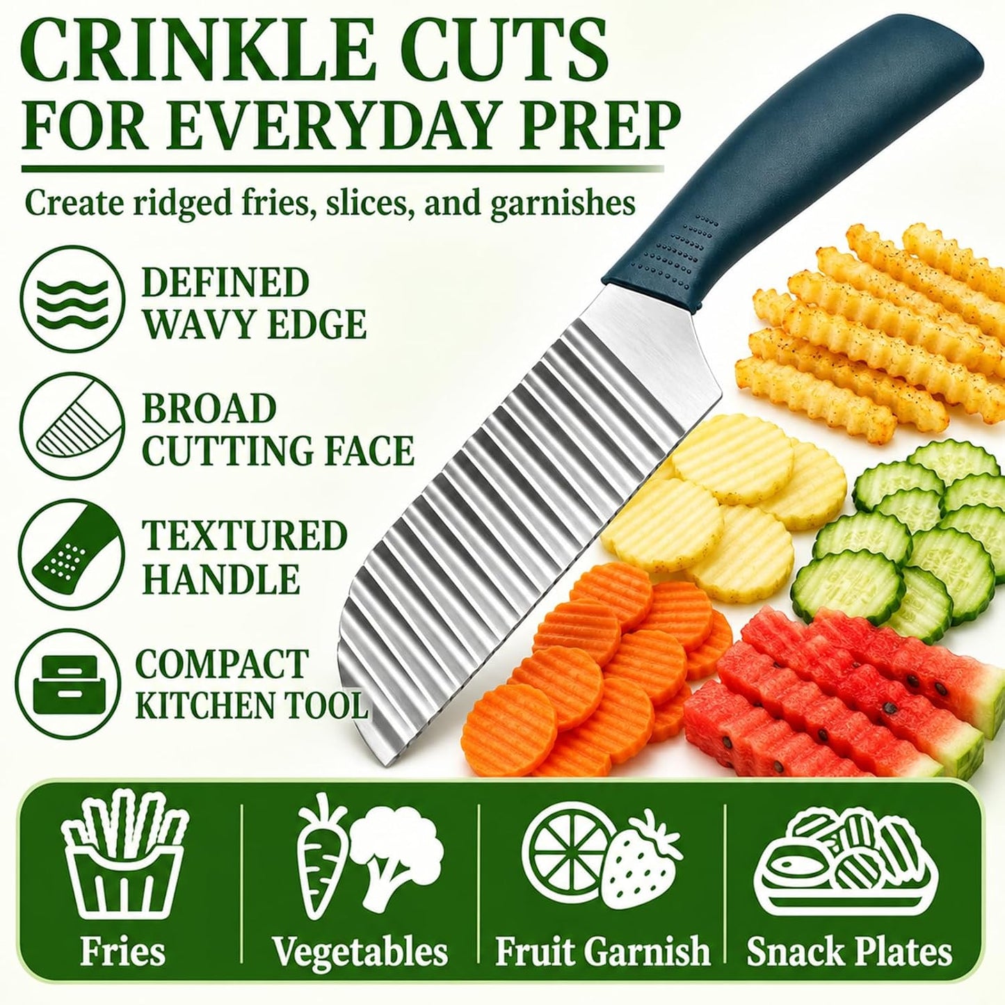 Suuker Crinkle Cut Knife, Stainless Steel Wave Cutter | Ergonomic Handle, For Veggies, Potato, French Fry, For Cucumber, Carrot, Fruit, Wave Chopper