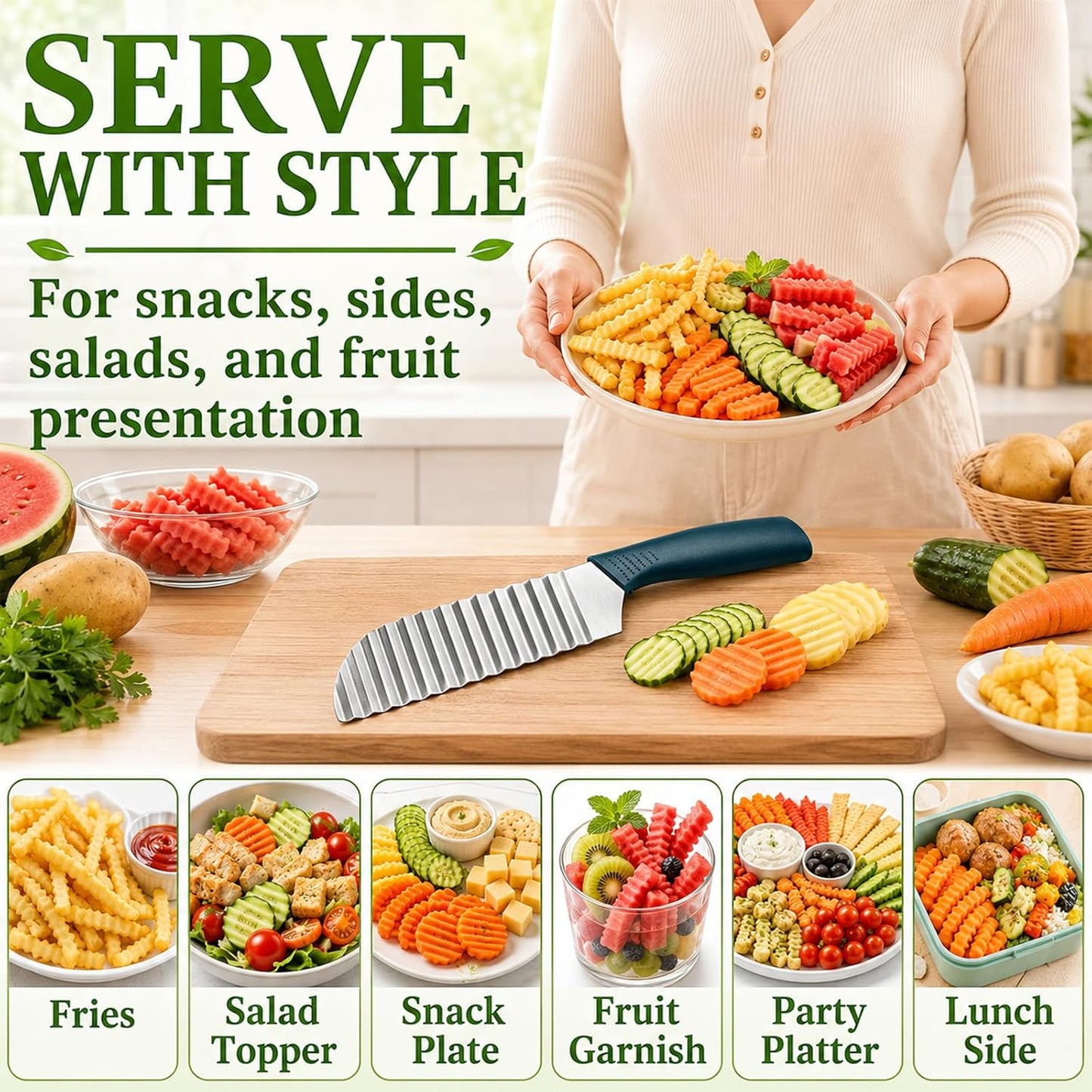 Suuker Crinkle Cut Knife, Stainless Steel Wave Cutter | Ergonomic Handle, For Veggies, Potato, French Fry, For Cucumber, Carrot, Fruit, Wave Chopper