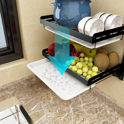 Wall Mounted Stainless Steel Dish Drying Rack Fruit Vegetable Storage Basket with Drainboard and Hanging Chopsticks Cage Knife Holder Kitchen Supplies Shelf Utensils Organizer (2-Tier)