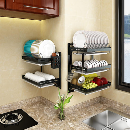 Wall Mounted Stainless Steel Dish Drying Rack Fruit Vegetable Storage Basket with Drainboard and Hanging Chopsticks Cage Knife Holder Kitchen Supplies Shelf Utensils Organizer (2-Tier)