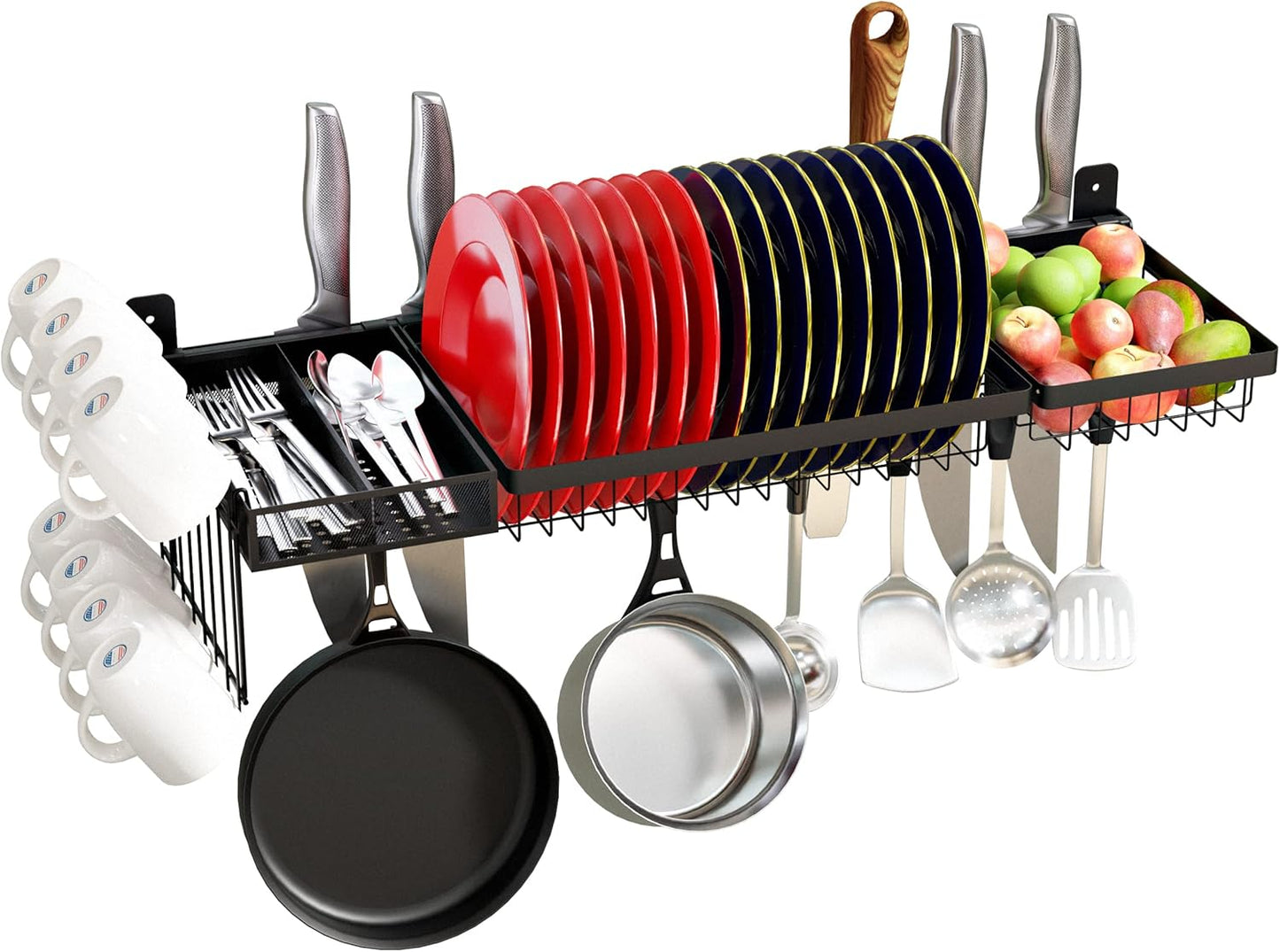Wall Mounted Stainless Steel Dish Drying Rack Fruit Vegetable Storage Basket with Drainboard and Hanging Chopsticks Cage Knife Holder Kitchen Supplies Shelf Utensils Organizer (2-Tier)