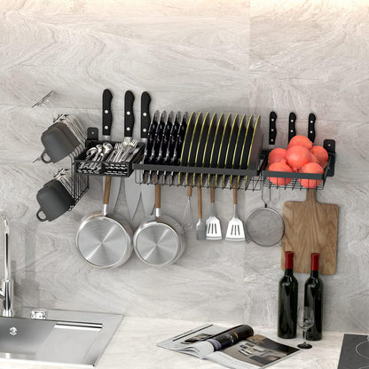 Wall Mounted Stainless Steel Dish Drying Rack Fruit Vegetable Storage Basket with Drainboard and Hanging Chopsticks Cage Knife Holder Kitchen Supplies Shelf Utensils Organizer (2-Tier)