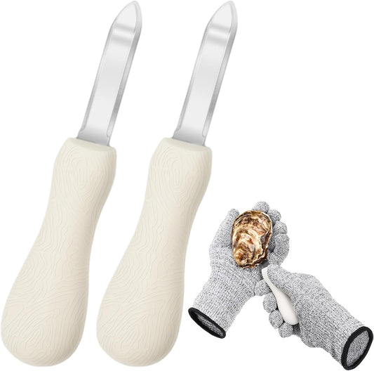 Oyster Shucking Knife, 2 Pack Oyster Knife Shucker Set with Professional Grade Cut Resistant Gloves, Stainless Steel Seafood Opener Tools