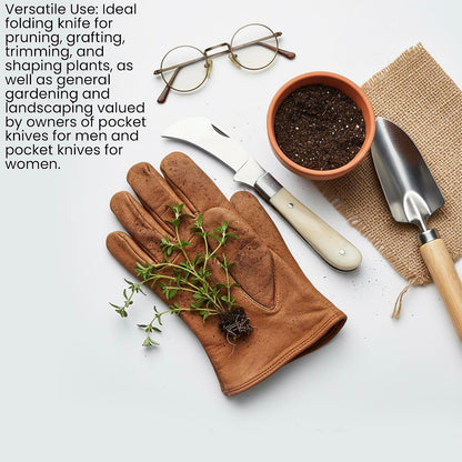 SZCO 3" Pruning Knife– Small Folding Pocket Knife for Men and Women with Stainless Steel Blade & Bone Handle – Traditional Garden EDC Knife for Grafting, Landscaping & Outdoor Use