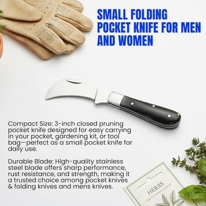 SZCO 3" Pruning Knife– Small Folding Pocket Knife for Men and Women with Stainless Steel Blade & Bone Handle – Traditional Garden EDC Knife for Grafting, Landscaping & Outdoor Use