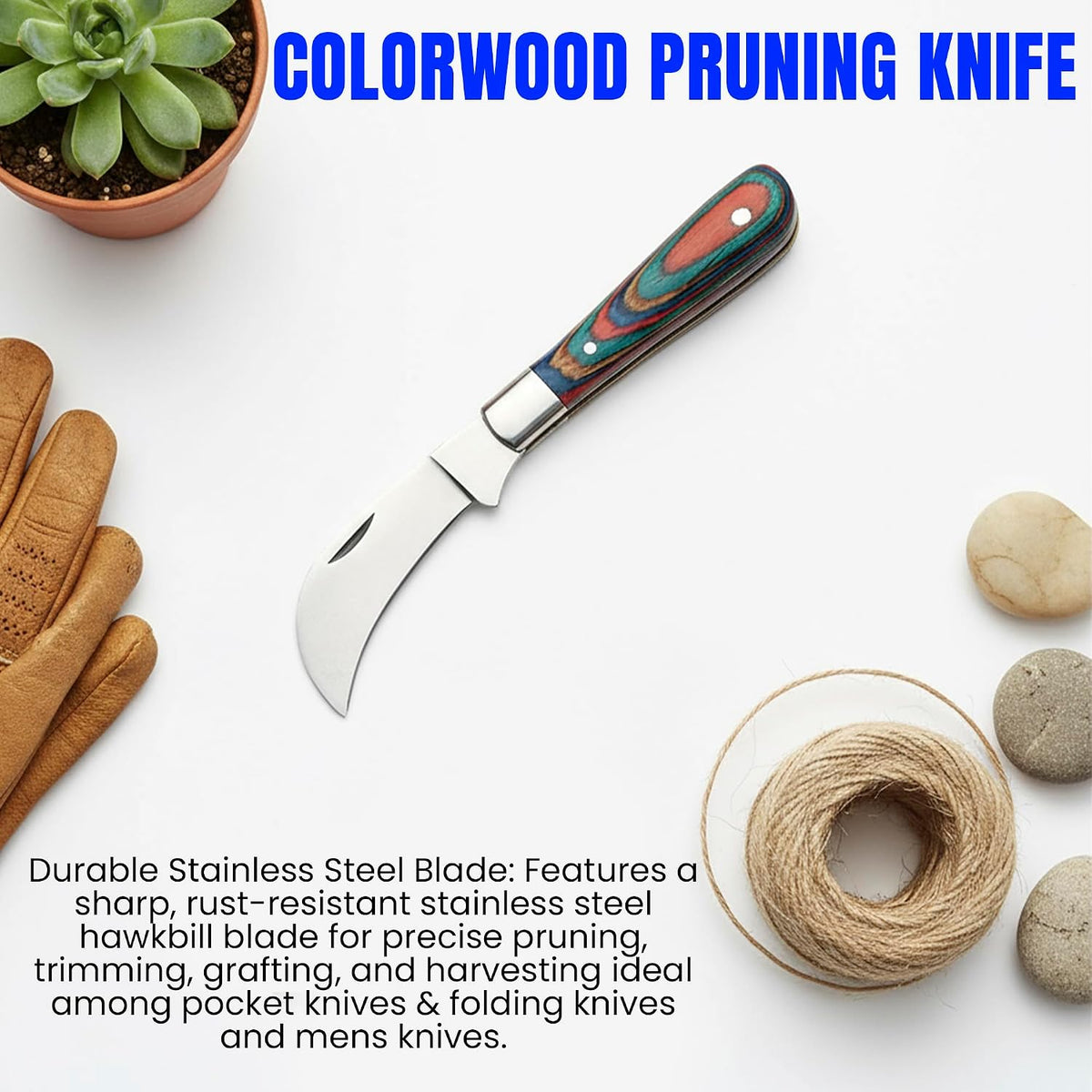SZCO 3" Pruning Knife– Small Folding Pocket Knife for Men and Women with Stainless Steel Blade & Bone Handle – Traditional Garden EDC Knife for Grafting, Landscaping & Outdoor Use