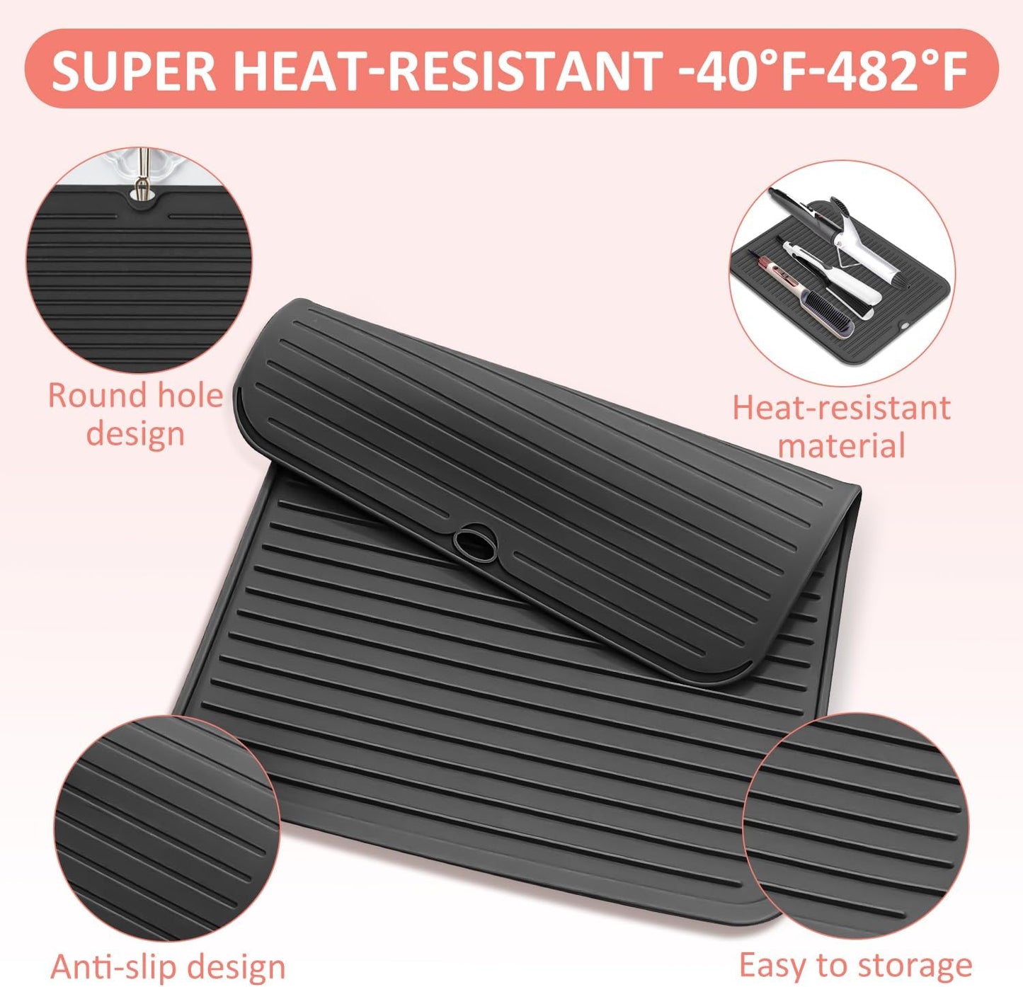 Large Heat Resistant Silicone Mat for Hair Tools: Curling Iron, Flat Iron, Hair Straightener - Portable Hair Styling Pad Cover
