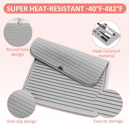 Large Heat Resistant Silicone Mat for Hair Tools: Curling Iron, Flat Iron, Hair Straightener - Portable Hair Styling Pad Cover