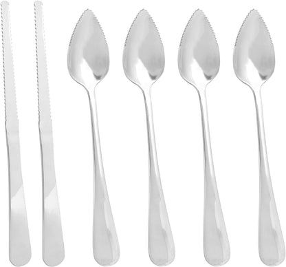 6pcs Serrated Grapefruit Spoon and Knife Set, Stainless Steel Citrus Eating Utensils for Grapefruit Lemon Kiwi Melon Lime Pitaya, Ergonomic Handle, Easy Fruit Scooping and Cutting (Silver)