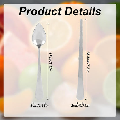 6pcs Serrated Grapefruit Spoon and Knife Set, Stainless Steel Citrus Eating Utensils for Grapefruit Lemon Kiwi Melon Lime Pitaya, Ergonomic Handle, Easy Fruit Scooping and Cutting (Silver)