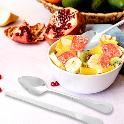 6pcs Serrated Grapefruit Spoon and Knife Set, Stainless Steel Citrus Eating Utensils for Grapefruit Lemon Kiwi Melon Lime Pitaya, Ergonomic Handle, Easy Fruit Scooping and Cutting (Silver)