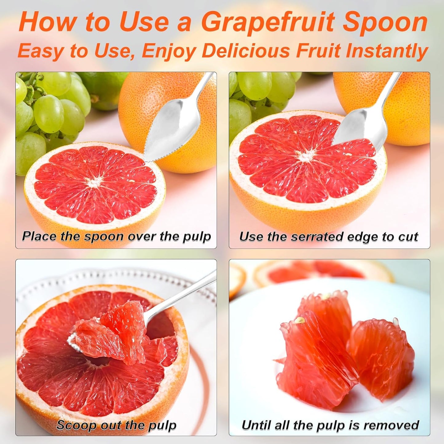 6pcs Serrated Grapefruit Spoon and Knife Set, Stainless Steel Citrus Eating Utensils for Grapefruit Lemon Kiwi Melon Lime Pitaya, Ergonomic Handle, Easy Fruit Scooping and Cutting (Silver)
