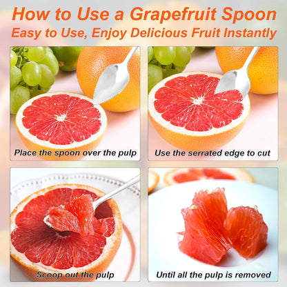 6pcs Serrated Grapefruit Spoon and Knife Set, Stainless Steel Citrus Eating Utensils for Grapefruit Lemon Kiwi Melon Lime Pitaya, Ergonomic Handle, Easy Fruit Scooping and Cutting (Silver)