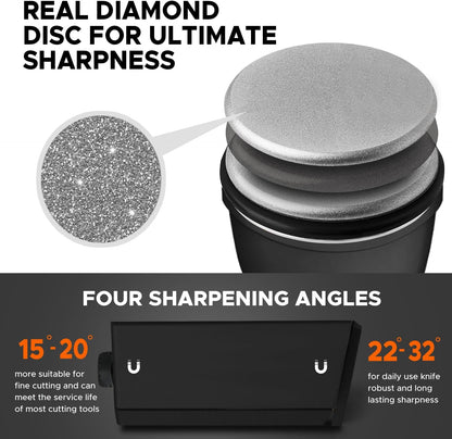 Knife Sharpener Kit, Diamond & Ceramic, 15° & 32° Angle, Black | Sharpener Kit with Diamonds and Ceramic Discs for Steel of Any Hardness, 15 and 32 Magnetic Angle, Ideal Gift, Black