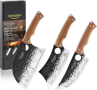 3 PCS Butcher Knife Set, 7" Butcher Meat Cleaver, 7" Serbian Chef Knife and 6.5" Viking Knife, Stainless Steel Cooking Cutting Kitchen Knife Set with Wood Handle, Great for Home, Camping, BBQ