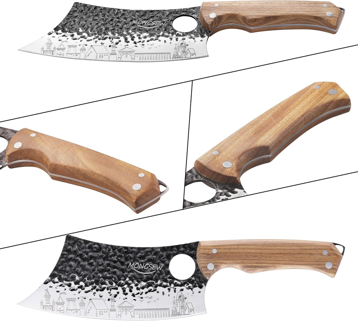 3 PCS Butcher Knife Set, 7" Butcher Meat Cleaver, 7" Serbian Chef Knife and 6.5" Viking Knife, Stainless Steel Cooking Cutting Kitchen Knife Set with Wood Handle, Great for Home, Camping, BBQ