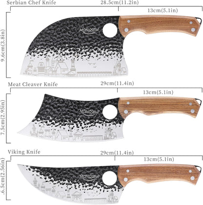 3 PCS Butcher Knife Set, 7" Butcher Meat Cleaver, 7" Serbian Chef Knife and 6.5" Viking Knife, Stainless Steel Cooking Cutting Kitchen Knife Set with Wood Handle, Great for Home, Camping, BBQ