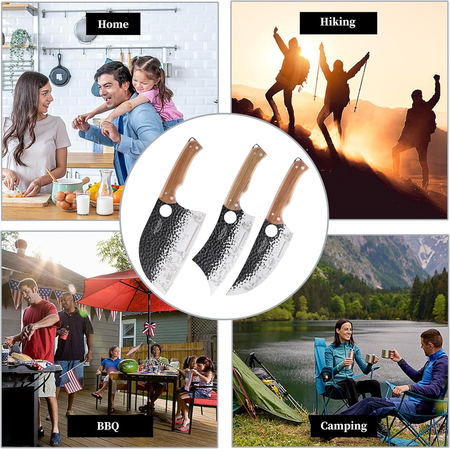 3 PCS Butcher Knife Set, 7" Butcher Meat Cleaver, 7" Serbian Chef Knife and 6.5" Viking Knife, Stainless Steel Cooking Cutting Kitchen Knife Set with Wood Handle, Great for Home, Camping, BBQ