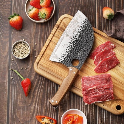 3 PCS Butcher Knife Set, 7" Butcher Meat Cleaver, 7" Serbian Chef Knife and 6.5" Viking Knife, Stainless Steel Cooking Cutting Kitchen Knife Set with Wood Handle, Great for Home, Camping, BBQ