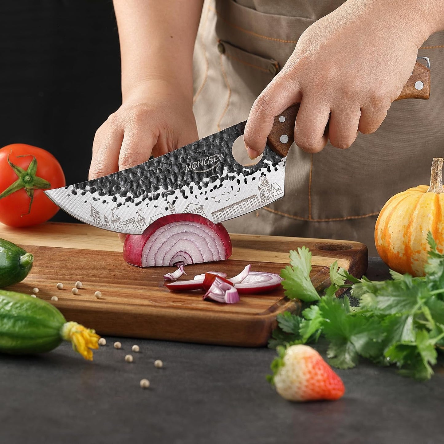 3 PCS Butcher Knife Set, 7" Butcher Meat Cleaver, 7" Serbian Chef Knife and 6.5" Viking Knife, Stainless Steel Cooking Cutting Kitchen Knife Set with Wood Handle, Great for Home, Camping, BBQ