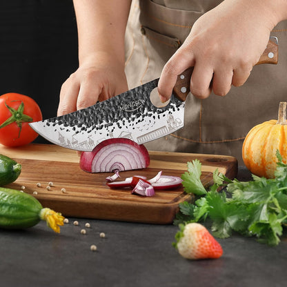 3 PCS Butcher Knife Set, 7" Butcher Meat Cleaver, 7" Serbian Chef Knife and 6.5" Viking Knife, Stainless Steel Cooking Cutting Kitchen Knife Set with Wood Handle, Great for Home, Camping, BBQ