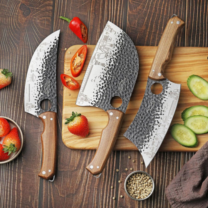 3 PCS Butcher Knife Set, 7" Butcher Meat Cleaver, 7" Serbian Chef Knife and 6.5" Viking Knife, Stainless Steel Cooking Cutting Kitchen Knife Set with Wood Handle, Great for Home, Camping, BBQ