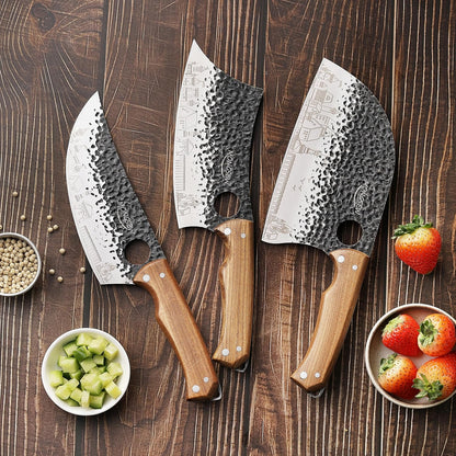 3 PCS Butcher Knife Set, 7" Butcher Meat Cleaver, 7" Serbian Chef Knife and 6.5" Viking Knife, Stainless Steel Cooking Cutting Kitchen Knife Set with Wood Handle, Great for Home, Camping, BBQ