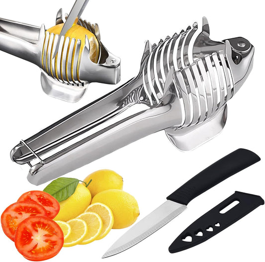 Tomato Slicer Holder with Paring Knife, Lemon Cutter Slicer for Slicing, Stainless Steel Onion Holder for Slicing, Vegetable Cutter for Tomato, Lemon