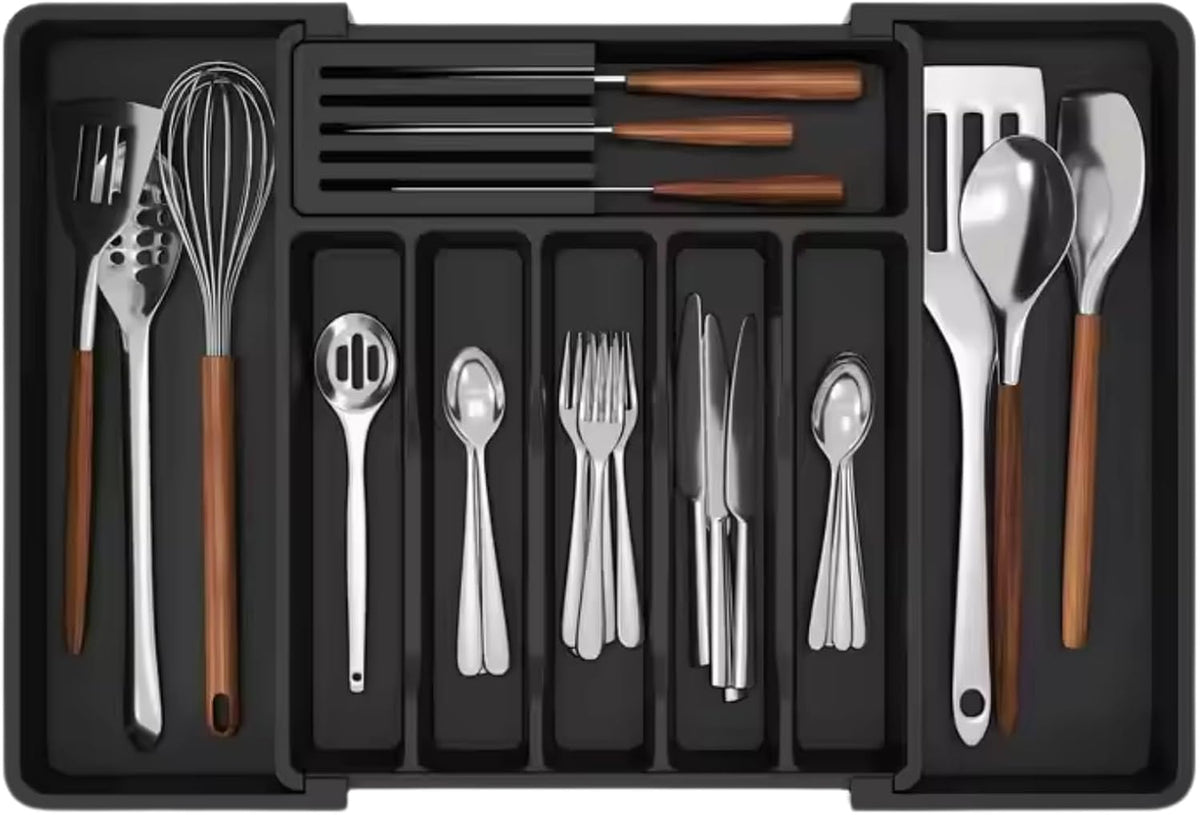 Expandable Utensil Organizer Tray – Adjustable Cutlery & Flatware Drawer Insert with 8 Compartments, Non-Slip, Easy to Clean, Fits 13–22" Kitchen Drawers
