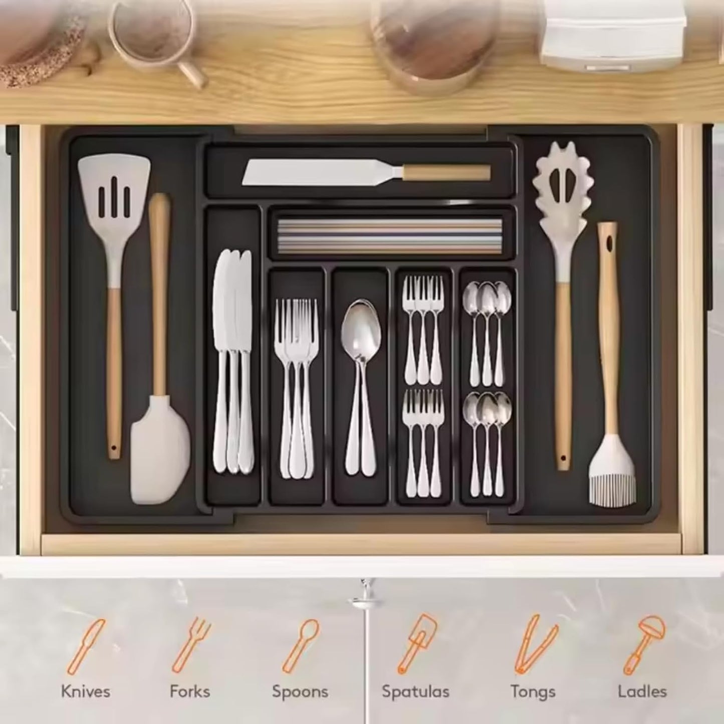 Expandable Utensil Organizer Tray – Adjustable Cutlery & Flatware Drawer Insert with 8 Compartments, Non-Slip, Easy to Clean, Fits 13–22" Kitchen Drawers