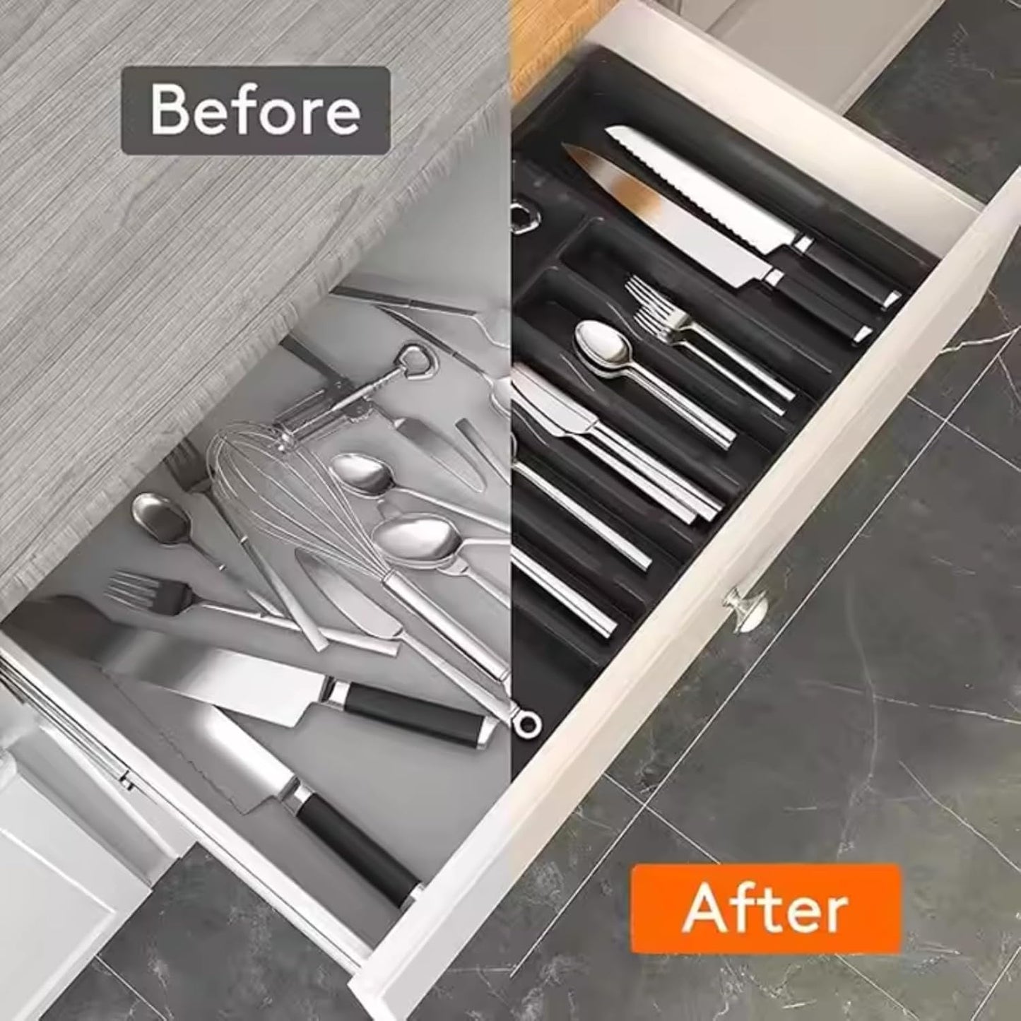 Expandable Utensil Organizer Tray – Adjustable Cutlery & Flatware Drawer Insert with 8 Compartments, Non-Slip, Easy to Clean, Fits 13–22" Kitchen Drawers