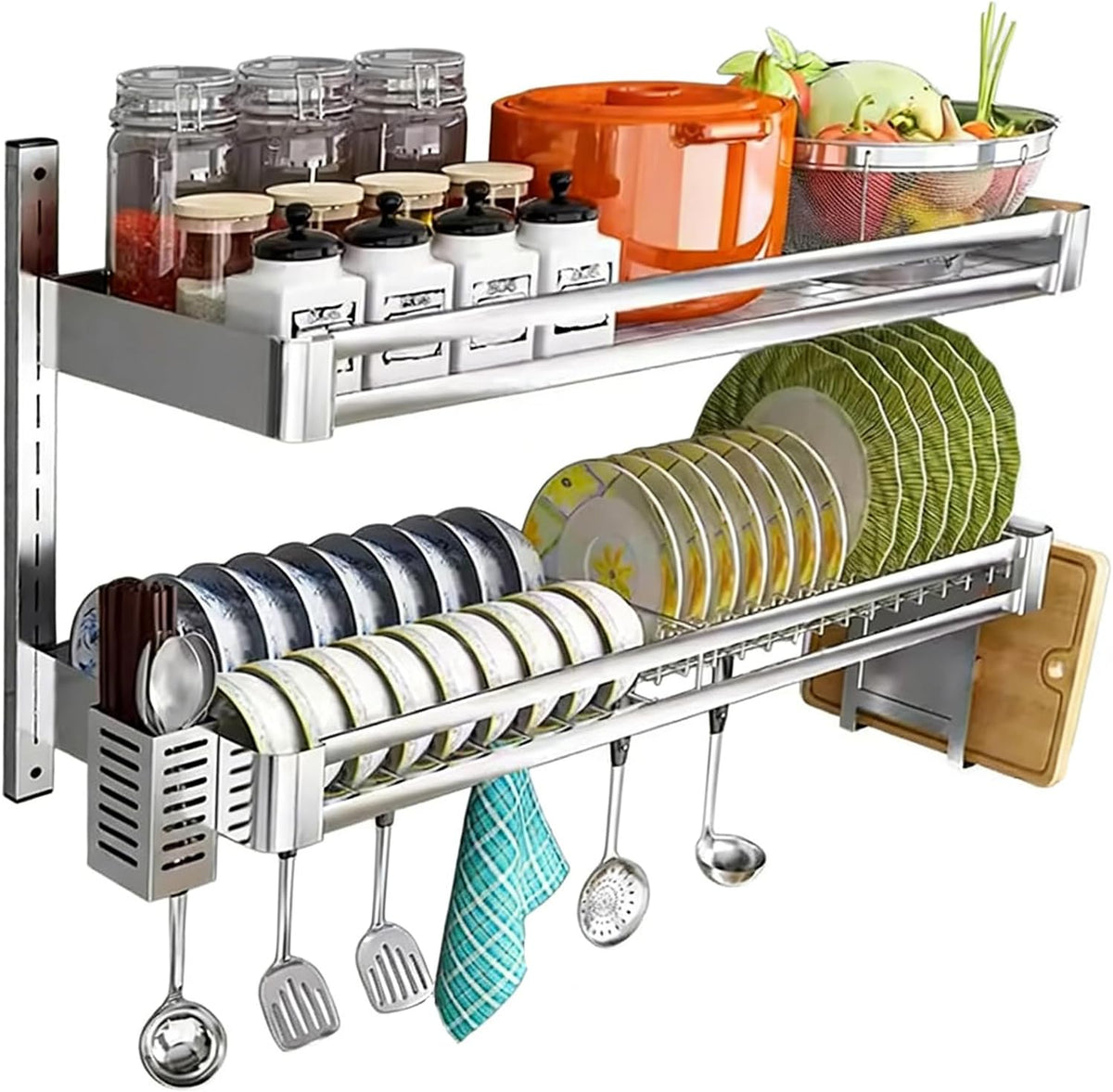 Wall Mounted Dish Drying Rack, 2-Tier Stainless Steel Hanging Dish Drainer with Chopsticks Knife Holder Drainboard, Kitchen Supplies Plates Bowls Cups Storage Shelf (23.6x11.8x19.7in)