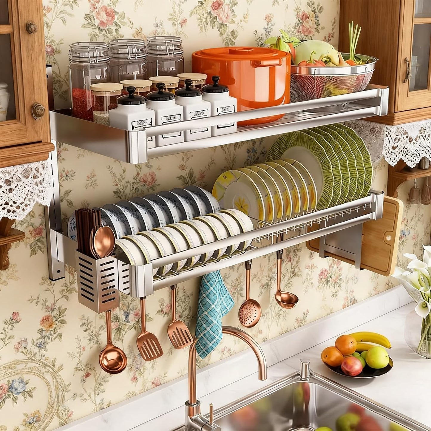 Wall Mounted Dish Drying Rack, 2-Tier Stainless Steel Hanging Dish Drainer with Chopsticks Knife Holder Drainboard, Kitchen Supplies Plates Bowls Cups Storage Shelf (23.6x11.8x19.7in)