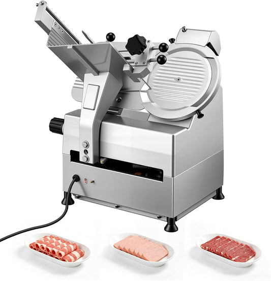 Fully Automatic Meat Slicer, 180W + 370W Commercial Food-Slicer with 10" Carbon Steel Blade, Built-In Sharpener & 0-0.3" Adjustable Thickness for Frozen Meat, Ham, Baguett, Steak