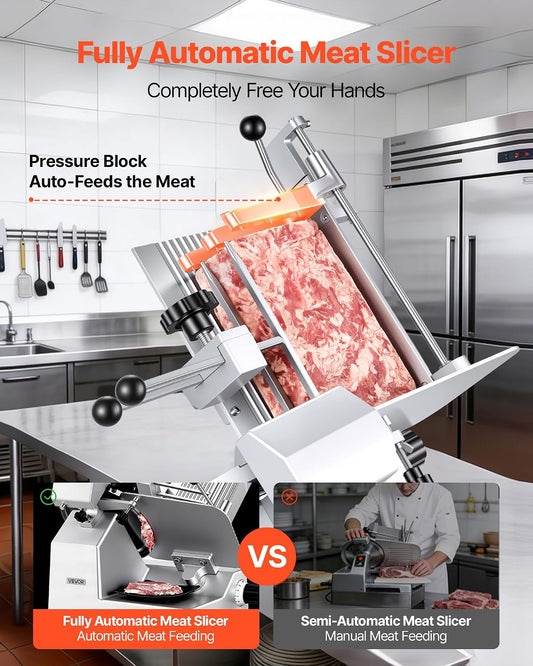 Fully Automatic Meat Slicer, 180W + 370W Commercial Food-Slicer with 10" Carbon Steel Blade, Built-In Sharpener & 0-0.3" Adjustable Thickness for Frozen Meat, Ham, Baguett, Steak