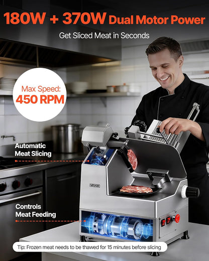 Fully Automatic Meat Slicer, 180W + 370W Commercial Food-Slicer with 10" Carbon Steel Blade, Built-In Sharpener & 0-0.3" Adjustable Thickness for Frozen Meat, Ham, Baguett, Steak
