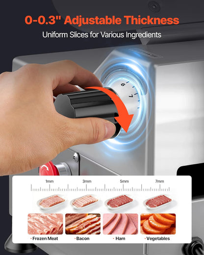 Fully Automatic Meat Slicer, 180W + 370W Commercial Food-Slicer with 10" Carbon Steel Blade, Built-In Sharpener & 0-0.3" Adjustable Thickness for Frozen Meat, Ham, Baguett, Steak