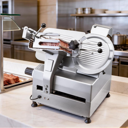 Fully Automatic Meat Slicer, 180W + 370W Commercial Food-Slicer with 10" Carbon Steel Blade, Built-In Sharpener & 0-0.3" Adjustable Thickness for Frozen Meat, Ham, Baguett, Steak