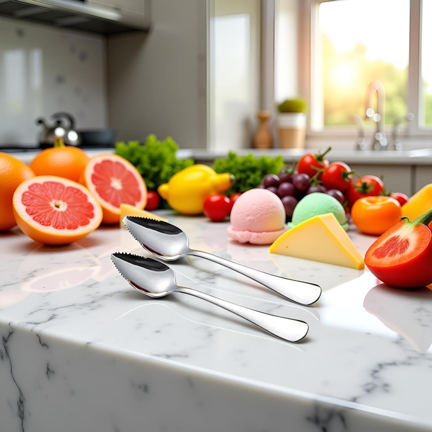 2Pcs Grapefruit Spoon Stainless Steel Fruit Spoon, Stainless Steel Spoon, Serrated Edge Ice Cream Scrape Cut Spoons For Fruit Dessert Cheese Vegetables Kitchen Tool with Non-stick Plating