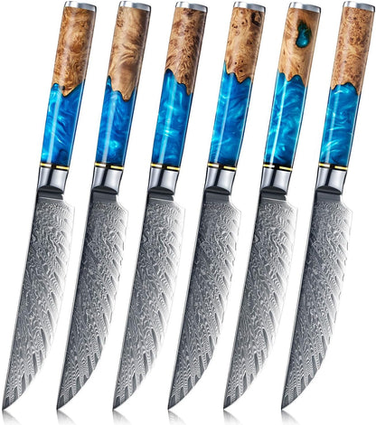 SENKEN Damascus Steak Knife Set - Tsunami Collection - 67-Layer Japanese VG10 Steel - Razor Sharp Non-Serrated Blades, Blue Resin & Natural Wood Pattern Handles, Luxury Gift Box (6 Steak Knife Set)