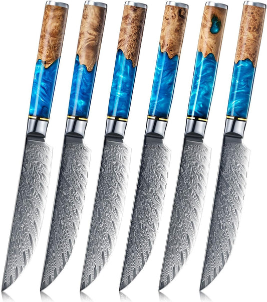 SENKEN Damascus Steak Knife Set - Tsunami Collection - 67-Layer Japanese VG10 Steel - Razor Sharp Non-Serrated Blades, Blue Resin & Natural Wood Pattern Handles, Luxury Gift Box (6 Steak Knife Set)